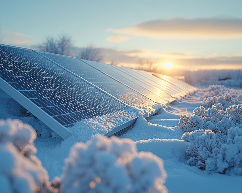 Photovoltaik-Module unter klarem blauem Himmel bei kühlen Frühjahrstemperaturen zur Ertragsmaximierung