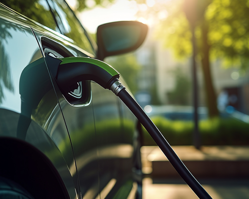 Ladeparks für Elektroautos auf einem Firmenparkplatz, versorgt durch einen Gewerbespeicher